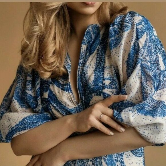 H&M CONSCIOUS EXCLUSIVE 100% Silk Mosaic Midi Puff Sleeve Cocktail Dress - Picture 3 of 12